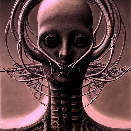 Image similar to insect, blood vessels, dystopian surrealism, art style zdzisław beksinski, giger, symmetry accurate features, very intricate details, high resolution, symmetrical long head, smooth marble surfaces, detailed ink illustration, cinematic smooth stone, deep aesthetic, concept art, carved marble texture silk cloth, latex skin, highly ornate