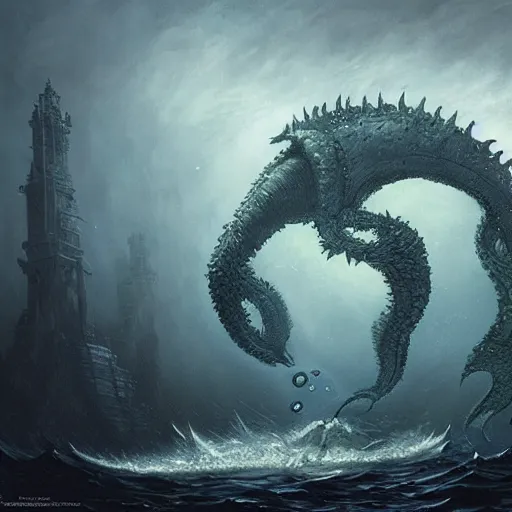 Image similar to sea beast of the depths in the style of michael whelan and h. p. lovecraft. hyperdetailed photorealism by greg rutkowski