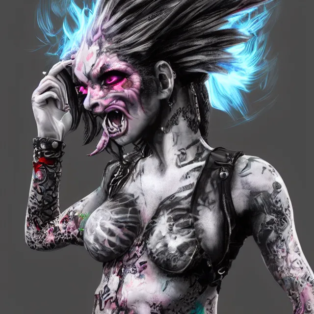 Prompt: a 3 / 4 view of a female raver / punk possessed by a fire dragon in the style of leonard boyarsky trending on artstation deviantart pinterest hyper detailed photorealistic highlights and shadow hd 8 k post - processing high resolution