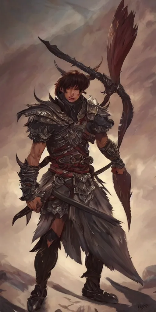 Image similar to full body character design of jungkook as a warrior. He has black hair, fantasy, WLOP, DnD, highly detailed, digital painting, artstation, character concept art, smooth, sharp focus, illustration, art by artgerm and greg rutkowski and alphonse mucha