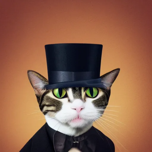 Prompt: a cat wearing a top hat and a bow tie, a stock photo by René Magritte, shutterstock contest winner, pop surrealism, steampunk, surrealist, handsome