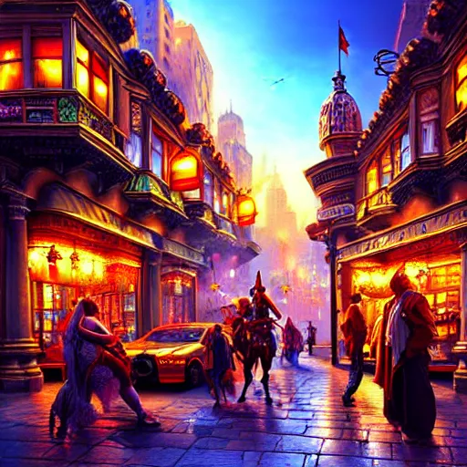 Prompt: a busy fantasy street scene from within a beautiful and ornate city, hyper realistic digital art, beautiful painting, detailed, cinematic, great composition