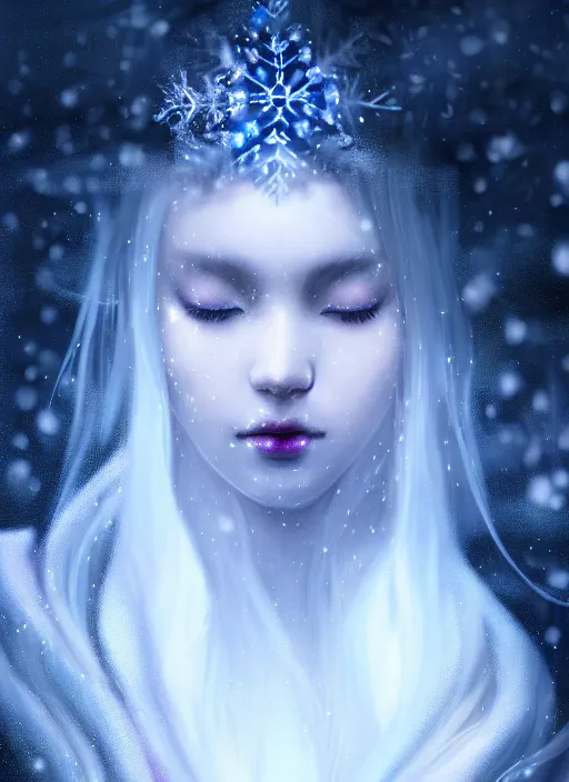 Image similar to a beautiful majestic white queen with snowflakes on her hair, glowing light orbs, intricate concept art, elegant, digital painting, smooth, sharp focus, misty, deep colors, illuminated lines, outrun, vaporware, dark background, cyberpunk darksynth, ethereal, ominous, misty, 8 k, rendered in octane, by ruan jia and miho hirano and jeremy mann