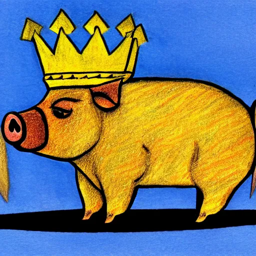 Image similar to a drawing of pig wearing a gold crown in the style of jack kirby