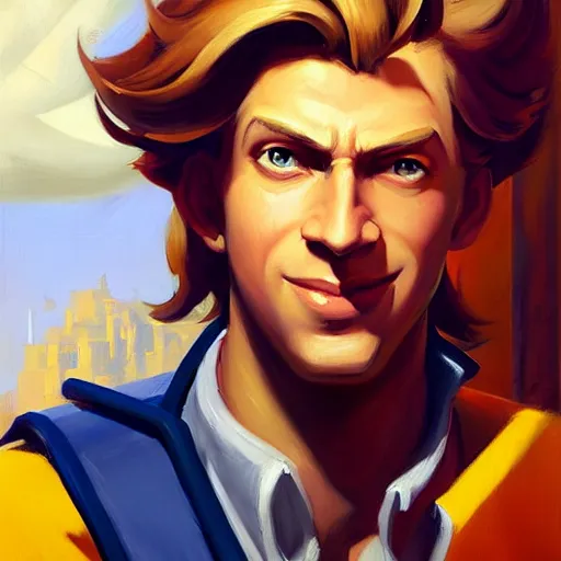 Image similar to Greg Manchess portrait painting o Guybrush Threepwood as Overwatch character, medium shot, asymmetrical, profile picture, Organic Painting, sunny day, Matte Painting, bold shapes, hard edges, street art, trending on artstation, by Huang Guangjian and Gil Elvgren and Sachin Teng