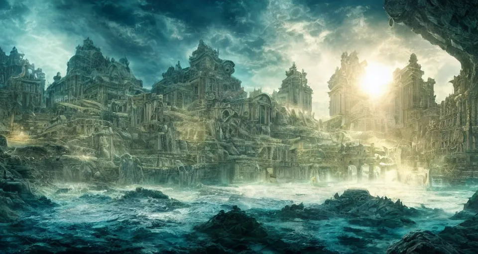 Image similar to a magnificent photo of the lost city of Atlantis, underwater, landscape, buildings, epic lighting, hyper detailed, 4K