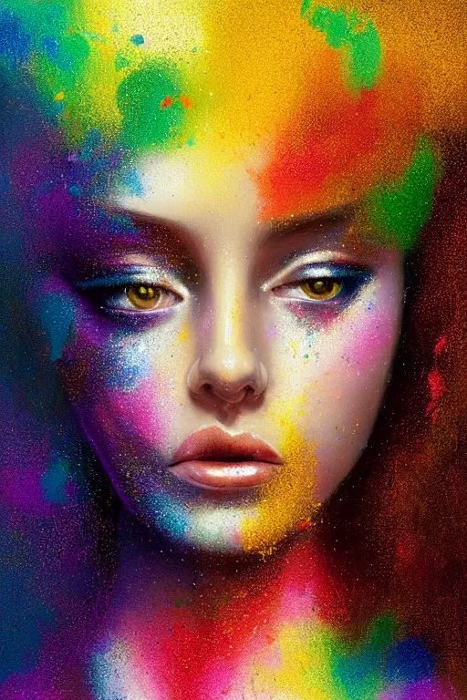 Prompt: modern portrait of vanessa parady, rainbow colours, splatter paint, dreamy and ethereal, golden ratio, peaceful expression, ornate frilly dress, fantasy, intricate, elegant, black background highly detailed, digital painting, perfect face artstation, concept art, smooth, b sharp focus, illustration, art by patrice murciano, artgerm and greg rutkowski and alphonse mucha