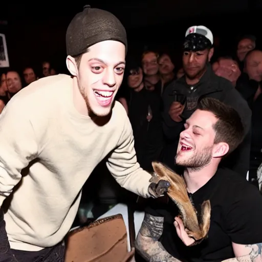 Prompt: pete davidson gleefully pulling a rabbit out of a hole