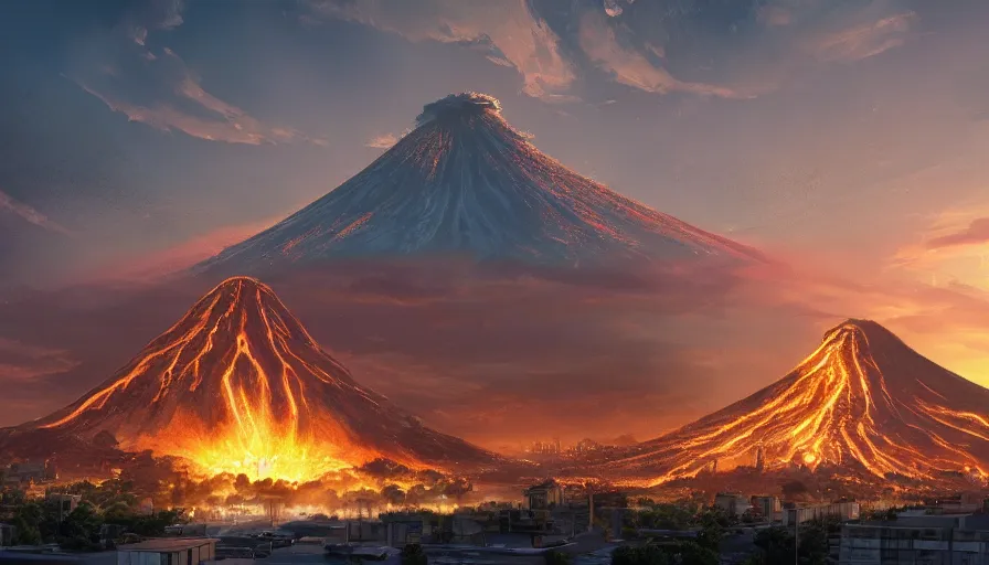 Image similar to giant volcano in center los angeles with buildings under construction around it, view from the river, sunset, sunlight, hyperdetailed, artstation, cgsociety, 8 k