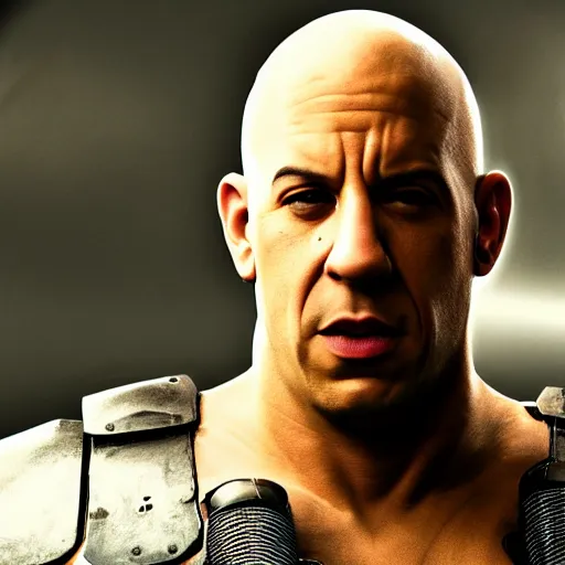 Image similar to highly detailed octane render of a close up portrait of Vin Diesel wearing a shirt and armour and screaming in a old school television