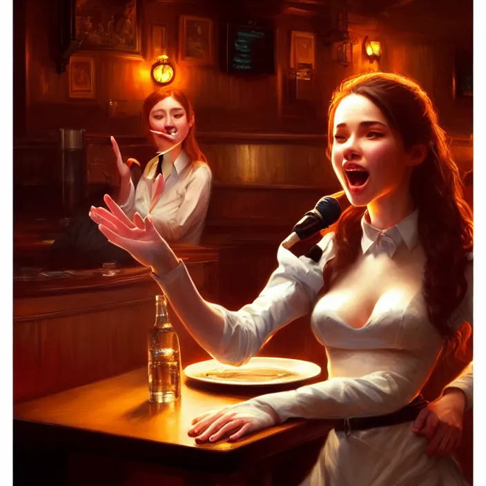 Image similar to a waitress singing on a table in a bar, elegant, real life skin, intricate artwork, high detailed, artstation, concept art, smooth, sharp focus, art by artgerm and greg rutkowski