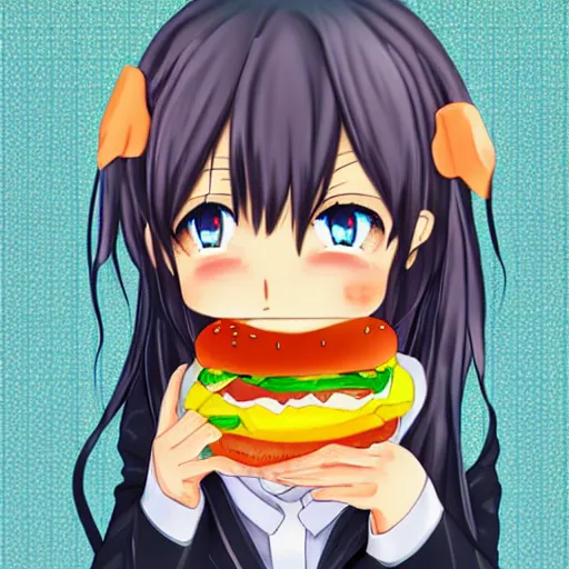 Image similar to a cheeseburger as an anime girl, anime, detailed, pixiv