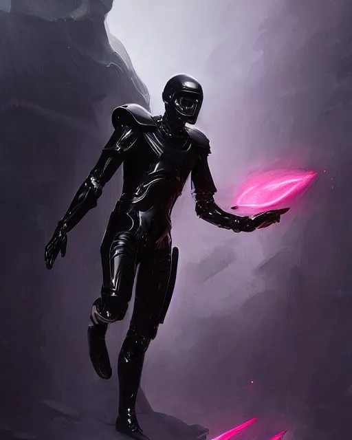 Image similar to iridescent sinewy smooth muscular male sleek glossy black pearlescent scifi armor with smooth black featureless helmet, by greg rutkowski, mark brookes, jim burns, tom bagshaw, magali villeneuve, trending on artstation