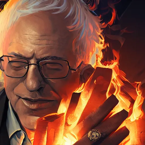 Image similar to portrait of bernie sanders burning money, league of legends amazing splashscreen artwork, splash art, natural light, elegant, photorealistic facial features, intricate, fantasy, detailed face, atmospheric lighting, anamorphic lens flare, cinematic lighting, league of legends splash art, hd wallpaper, ultra high details by greg rutkowski