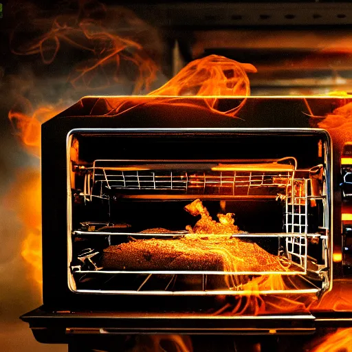 Image similar to toaster oven, dark messy smoke - filled cluttered workshop, dark, dramatic lighting, orange tint, cinematic, highly detailed, sci - fi, futuristic, movie still