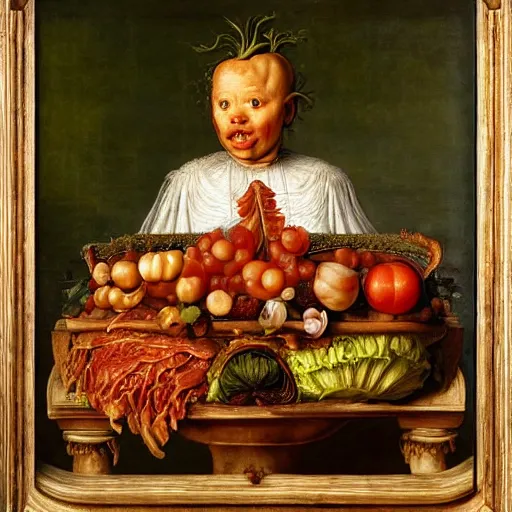 Image similar to a boy sitting in a tub full of tomato sauce, a lot of cabbage, by giuseppe arcimboldo and ambrosius benson, renaissance, fruit, intricate and intense oil paint, realistic