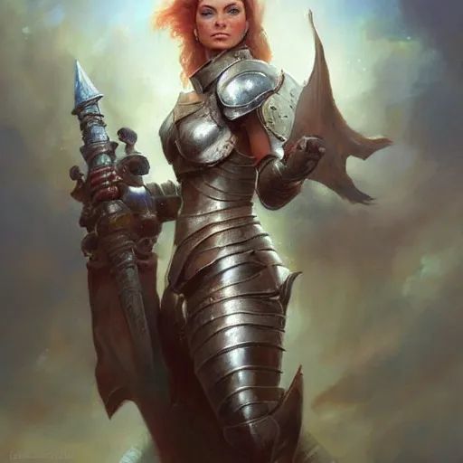 Image similar to A beautiful oil painting of a pretty old lady in armor by Lucas Graciano, Frank Frazetta, Greg Rutkowski, Boris Vallejo, epic, fantasy, character art, high fantasy