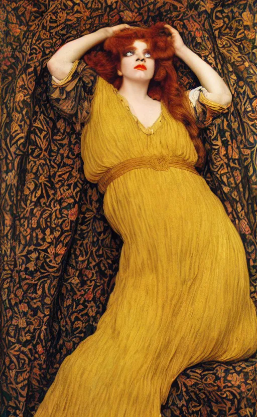 Image similar to preraphaelite full body portrait photography masterpiece hybrid of judy garland and florence welch, reclining, brown hair fringe, yellow ochre ornate medieval dress, kilian eng and william holman hunt, frederic leighton, ford madox brown, william morris, framed, 4 k