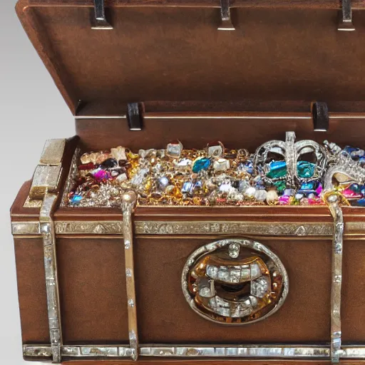 Prompt: A Ayleid chest filled with jewels and crystal artefacts, 4k, hdri, museum quality photo