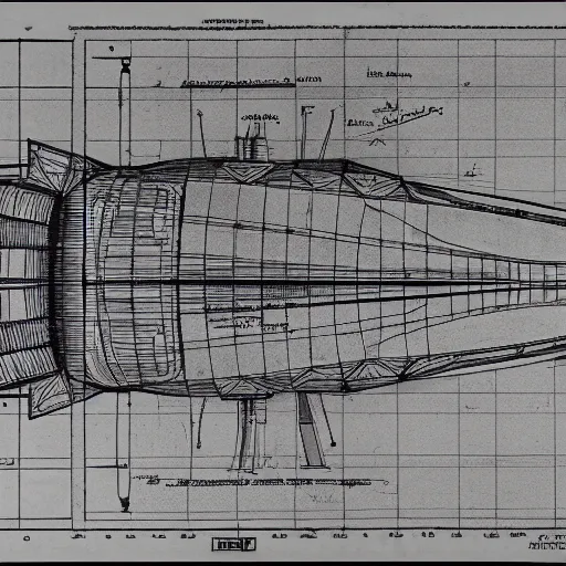 Prompt: technical drawing of a massive spaceship, detailed map, notes, blueprint, black and white, old, erosion, stains