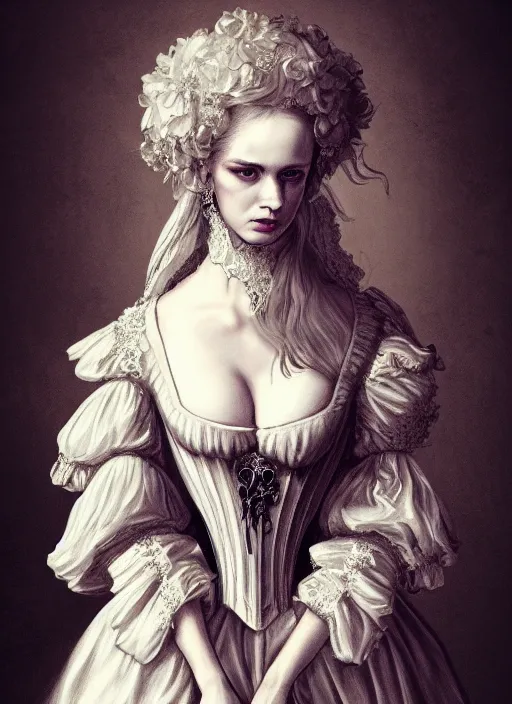 Prompt: historical baroque dress dark, alexander mcqueen, gothic bustier, portrait, voluminous, masterpiece, intricate, highly detailed, artstation, dreamy ghost, concept art