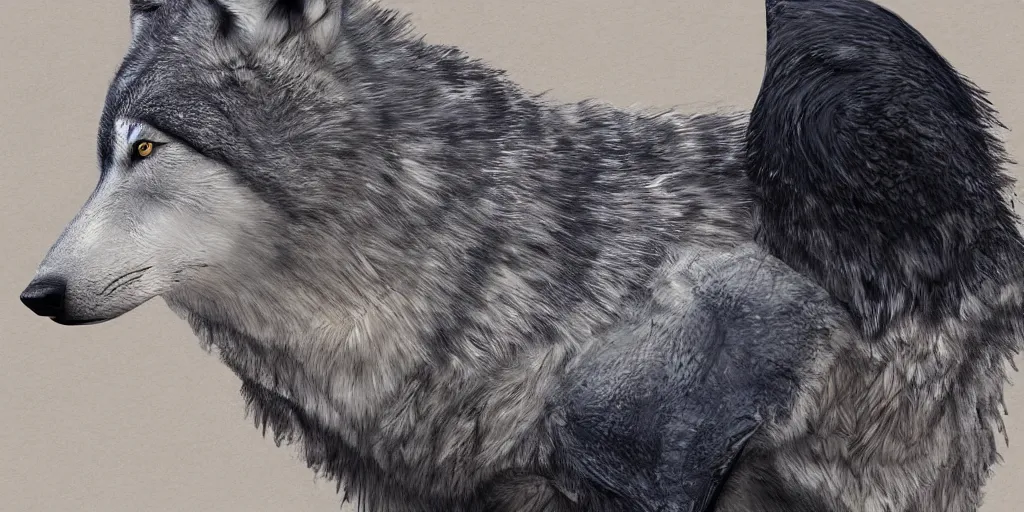 Image similar to wolf merged with crow,! photorealistic,! concept art