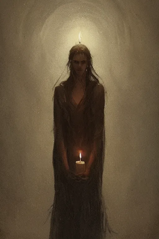 Image similar to Spirit holding a candle in the middle of the room, horror, illustrated by Greg Rutkowski and Caspar David Friedrich., Trending on artstation, artstationHD, artstationHQ, 4k, 8k