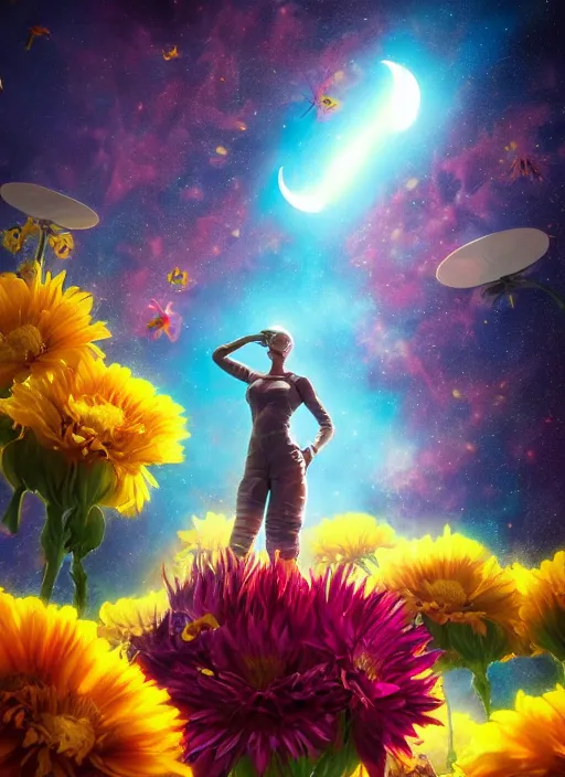 Image similar to An epic fantastic realism comic book style painting of the most beautiful flowers launched into space, bouquets, solar eclipse, fisheye, unreal 5, DAZ, hyperrealistic, octane render, dynamic lighting