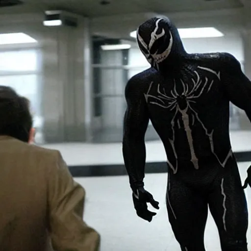 Image similar to film still of Thomas Haden Church as Eddie Brock wearing Venom costume without headpiece in Spider-man 3 2007, 4k