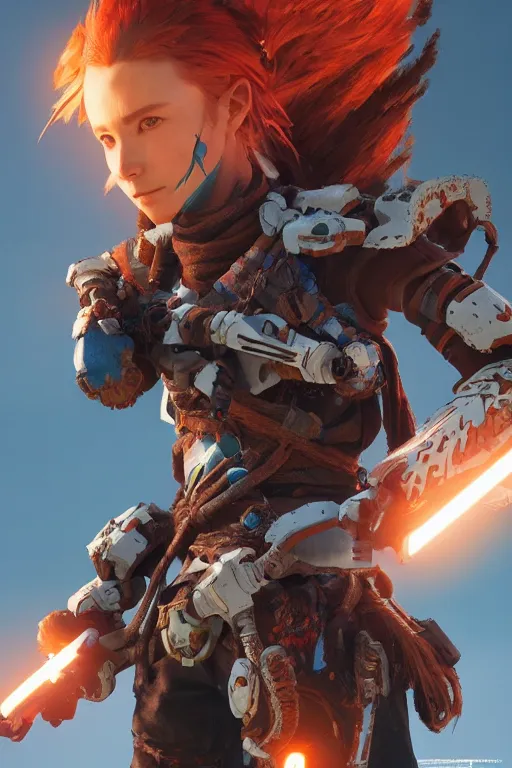 Image similar to combination suit armor aloy horizon forbidden west horizon zero dawn robot ninja mask helmet backpack tribal, aesthetic octane render, 8 k hd resolution, by ilya kuvshinov and cushart krentz and gilleard james radiating a glowing aura cgi rtx 2 0 2 2