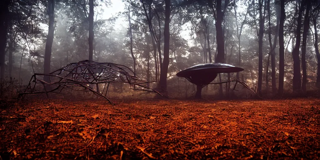 Image similar to an alien craft landed in the woods, shiny and metallic, night time, volumetric fog, wide shot, cinematic lighting, horror movie