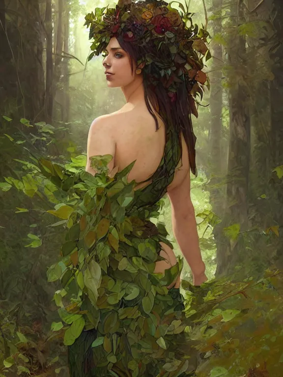 Prompt: portrait of a forest mage, female, buxom, dress made of green leaves, gorgeous, green hair, brown skin, curves, magic forest background, digital painting, artgerm and greg rutkowski and alphonse mucha
