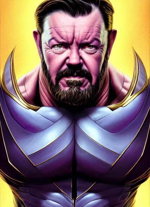 Image similar to portrait of ricky gervais as thanos, muscular! fantasy, intricate, elegant, highly detailed, digital painting, artstation, concept art, smooth, sharp focus, illustration, art by artgerm and greg rutkowski and alphonse mucha