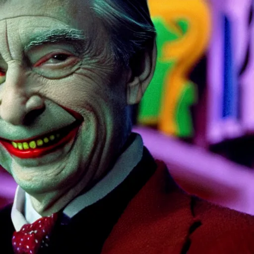 Image similar to stunning awe inspiring Mr. Rogers as The Joker 8k hdr Batman movie still amazing lighting
