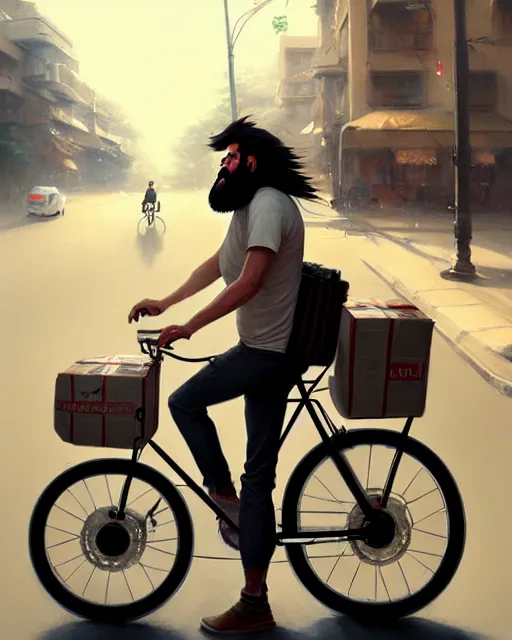 Image similar to a ultradetailed painting of a long - haired bearded uber eats food delivery guy on a bicycle, greg rutkowski and makoto shinkai trending on artstation