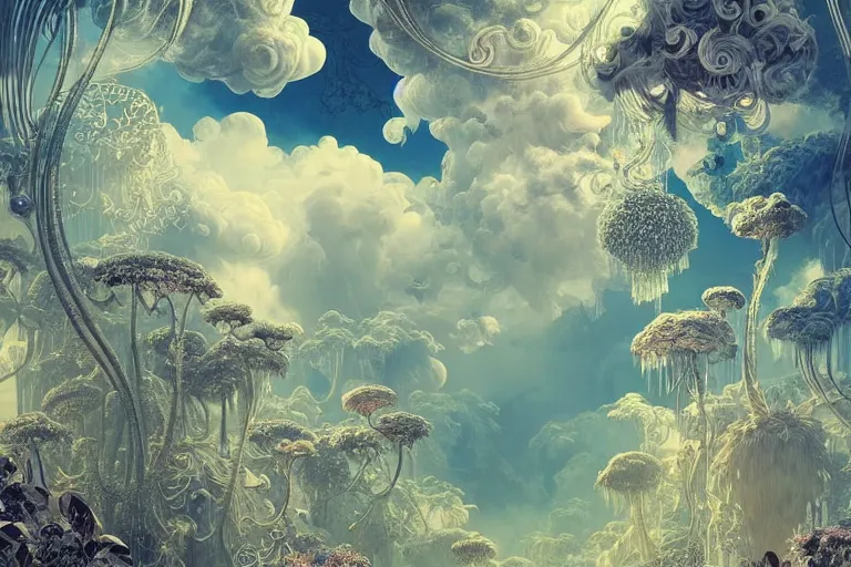 Prompt: simplicity, a huge flock of many ornate mottled puffy filigreed clouds tangled into large whirling ultra detailed crystal specimens, art nouveau jungle environment, playful, award winning art, epic dreamlike fantasy landscape, ultra realistic,