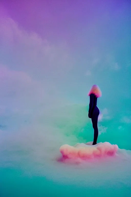 Image similar to high quality pastel coloured film close up wide angle photograph of a model wearing clothing swimming on cloud furniture in a icelandic black rock!! environment in a partially haze filled dreamstate world. three point light, rainbow. photographic production. art directed. pastel colours. volumetric clouds. pastel gradient overlay. waves glitch artefacts. extreme facial clarity. 8 k. filmic.