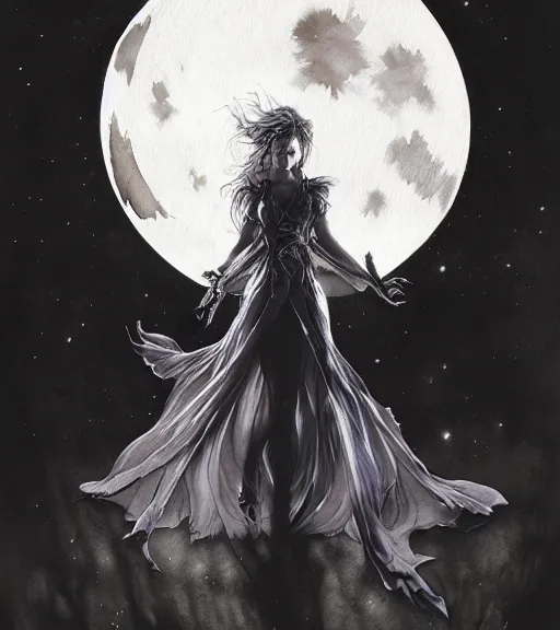 Image similar to book cover art, female dark witch in front of the full big moon, watercolor, dramatic lighting, cinematic, establishing shot, extremely high detail, foto realistic, cinematic lighting, pen and ink, intricate line drawings, by Yoshitaka Amano, Ruan Jia, Kentaro Miura, Artgerm, post processed, concept art, artstation, matte painting, style by eddie mendoza, raphael lacoste, alex ross