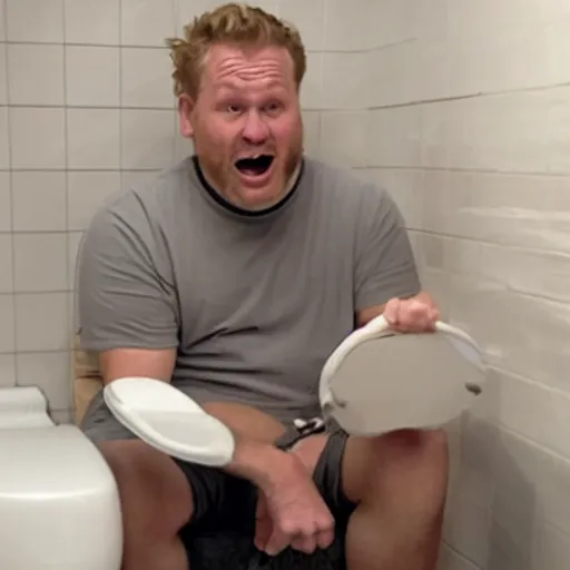 Prompt: a picture of hank shrader with a surprised expression sitting on a toilet