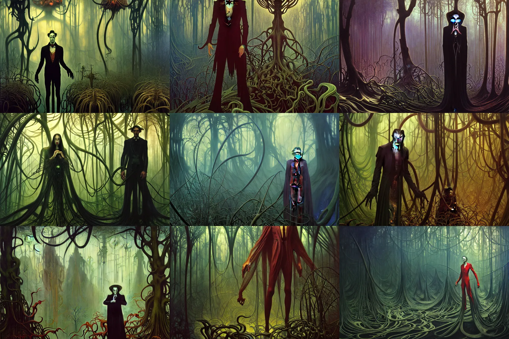 Prompt: realistic extremely detailed portrait painting of an elegantly creepy vampire man dressed as dracula, futuristic sci-fi forest on background by Jean Delville, Amano, Yves Tanguy, Alphonse Mucha, Ernst Haeckel, Edward Robert Hughes, Roger Dean, rich moody colours, cinematic composition, octane render, unreal engine, 4k 3d render
