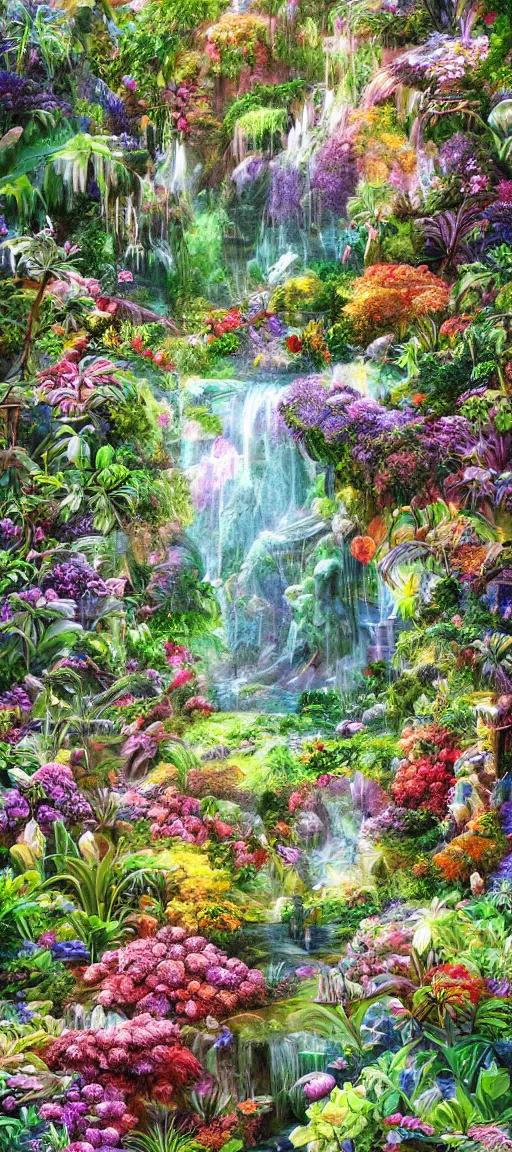 Image similar to cascading concept art of an exotic garden with flowers and big trees, detailed, highly detailed, aesthetic, realistic, hyper realism, colorful, in depth, intricate,