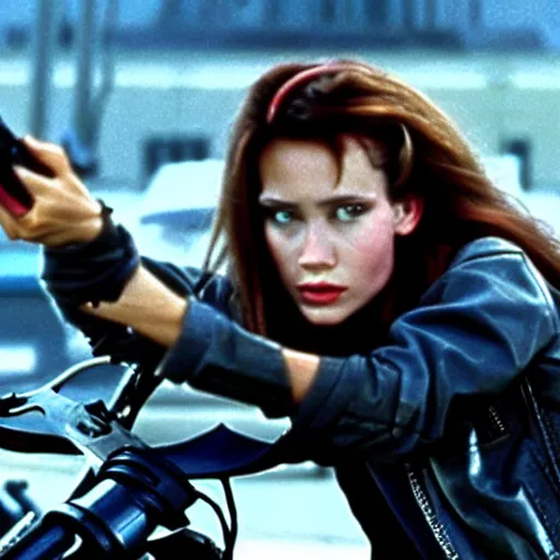 Image similar to the final scene from the terminator 2 movie but replaced with female terminators.