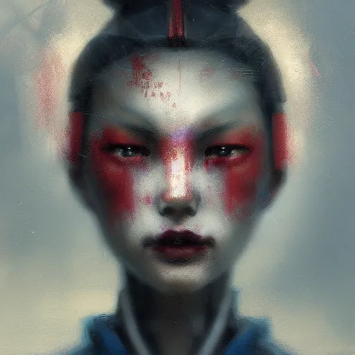 Prompt: portrait of a geisha robot by greg rutkowski and ruan jia, mecha, washed colors, dark, gloomy, matte painting, unreal engine 5