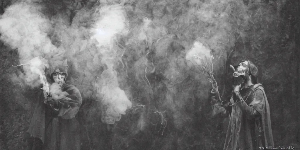 Prompt: 1 9 2 0 s spirit portrait photography of the wild hunt in the dolomites, smoke from mouth, casting a root spell, inviting hand, witchy, wicca, by william hope, dark, eerie, grainy