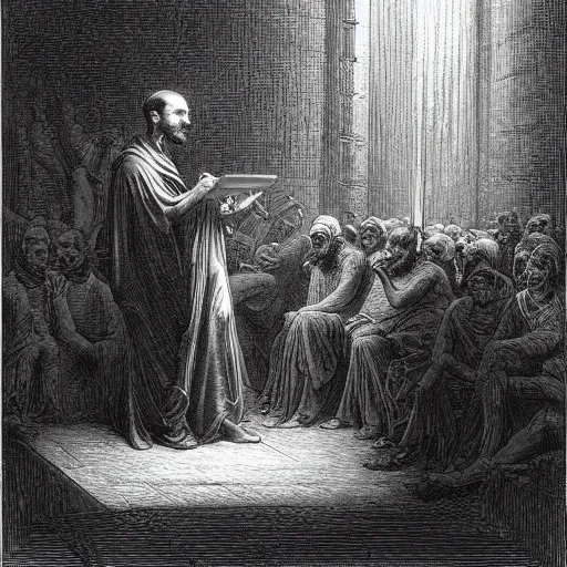 Prompt: steve jobs breaks the tablets of the law by gustave dore.