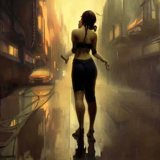 Image similar to tiffa lockhart, hyperrealistic full figure, bladerunner street alley, art of elysium by frank frazetta and by jeremy mann and by alphonse mucha, fantasy art, photo realistic, dynamic lighting, artstation, full figure poster, volumetric lighting, very detailed face, 4 k, award winning