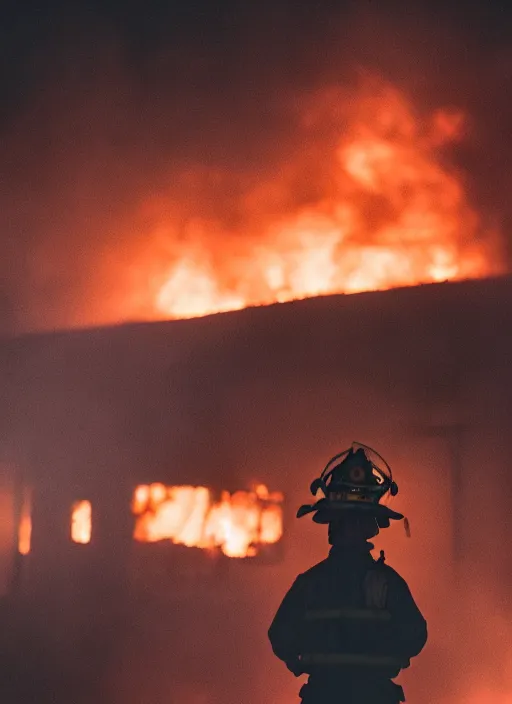 Image similar to a 3 5 mm photo from the back of a firefighter standing in front of a burning building, bokeh, canon 5 0 mm, cinematic lighting, film, photography, depth of field, award - winning