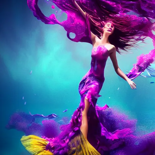 Prompt: beautiful woman with gorgeous eyes and high cheekbones dancing underwater wearing a flowing dress made of blue, magenta, and yellow seaweed, delicate coral sea bottom, swirling silver fish, swirling smoke shapes, octane render, caustics lighting from above, cinematic, hyperdetailed