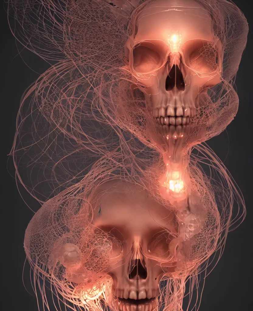 Prompt: goddess portrait skull. jellyfish butterfly phoenix head. bio-mechanical bio-luminescence, intricate artwork by Tooth Wu and wlop and beeple. octane render, trending on artstation, greg rutkowski very coherent symmetrical artwork. cinematic, hyper realism, high detail, octane render, 8k