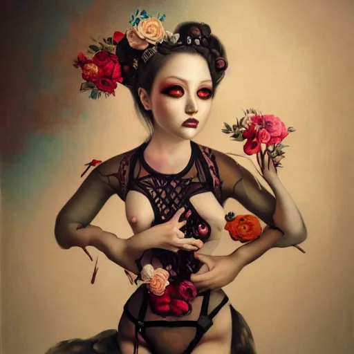 Prompt: pop surrealism, lowbrow art, realistic seductive cute woman painting, body harness, japanese related with flowers, hyper realism, muted colours, rococo, natalie shau, loreta lux, tom bagshaw, mark ryden, trevor brown style